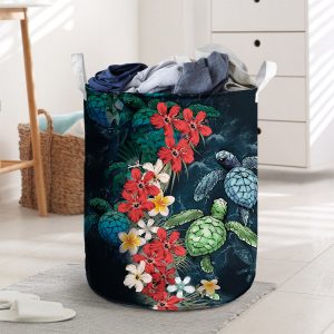 Sea Turtle With Red Flower Laundry Basket